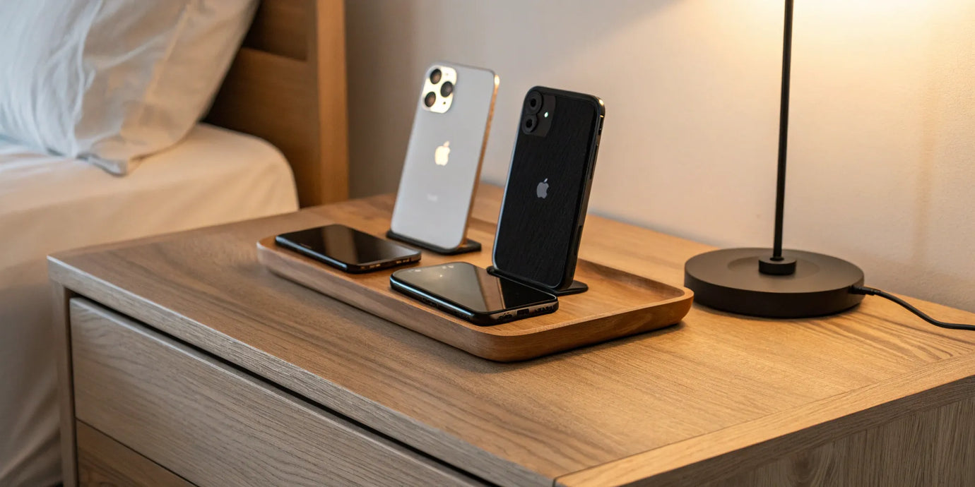 A top 3-in-1 MagSafe charging station powering an iPhone, Apple Watch, and AirPods on a nightstand.