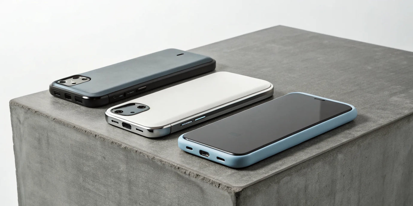 Three magnetic power banks for iPhone in black, white, and blue.
