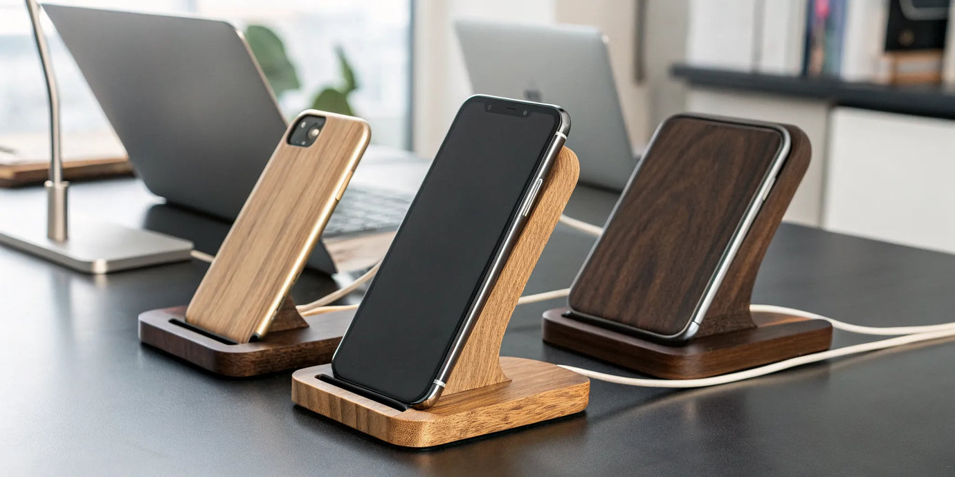 Two wood MagSafe iPhone stands in walnut and oak, one charging an iPhone.