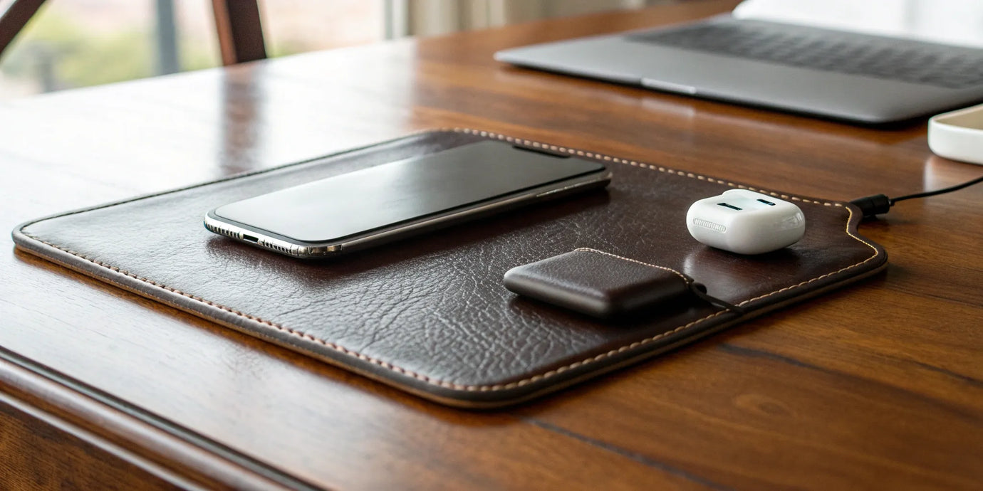 A premium leather charging pad powering a smartphone and wireless earbuds.