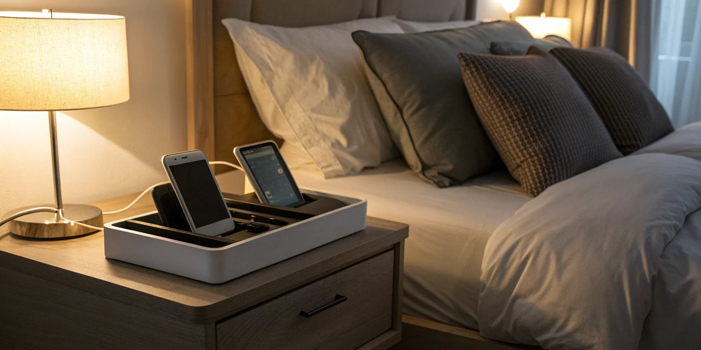 A nightstand charging organizer keeps multiple devices powered and tidy beside a lamp.