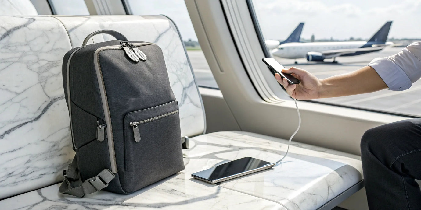 A slim magnetic battery pack for travel charging a phone at an airport.