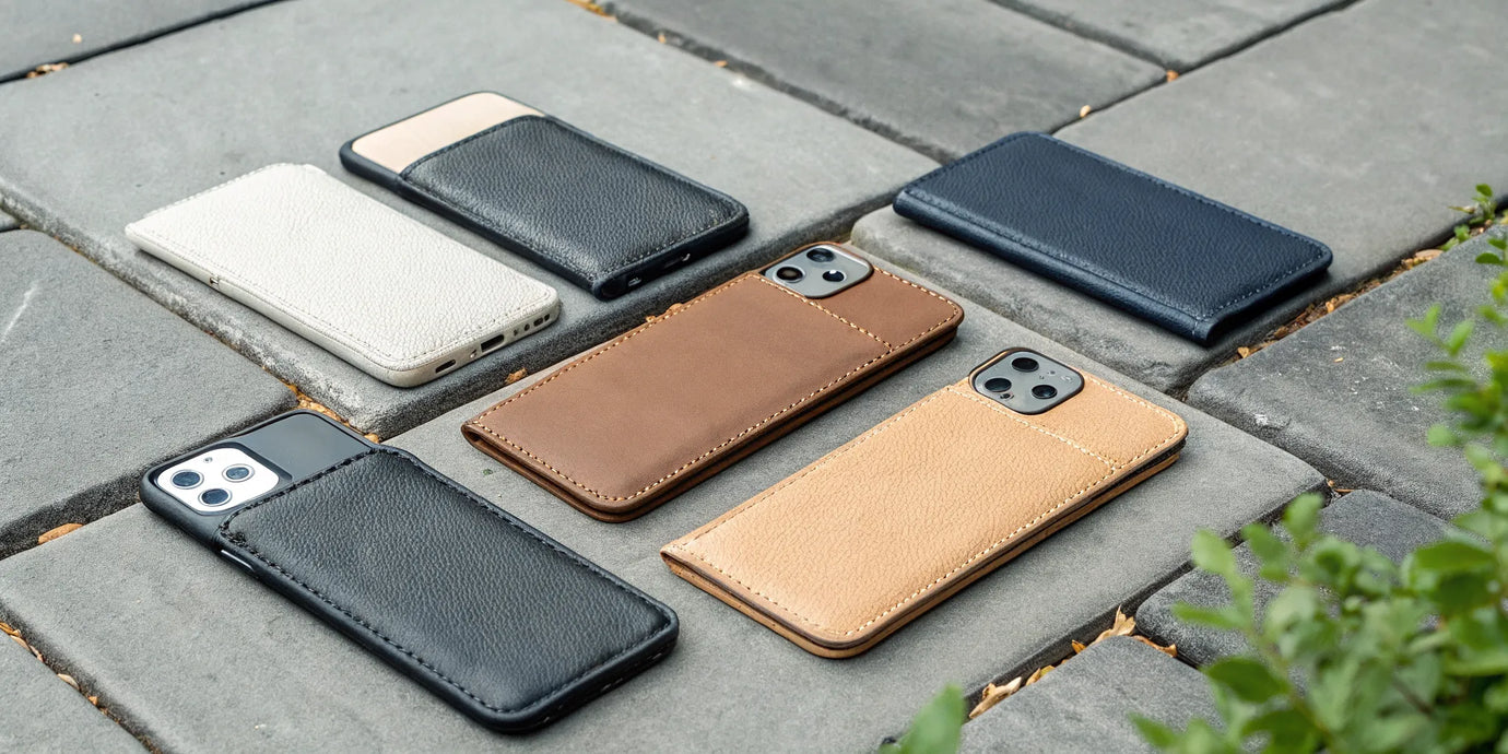 A collection of magnetic wallets for iPhone in various colors and styles.