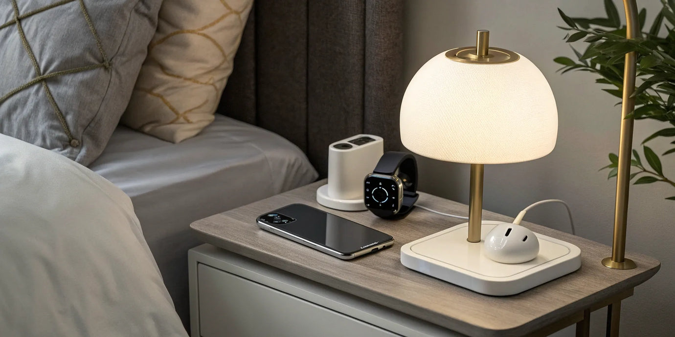 A MagSafe power bank charging an iPhone next to an Apple Watch on a nightstand.