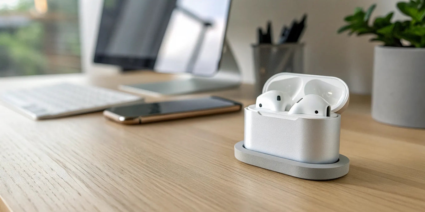 AirPods charging on a sleek, modern stand on an organized desk.
