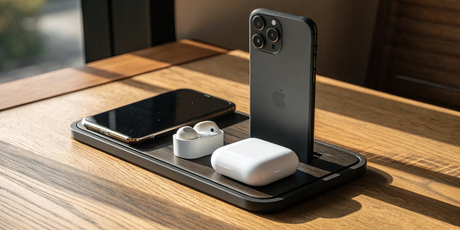 Best wireless Apple charging station with an iPhone and AirPods on a desk.