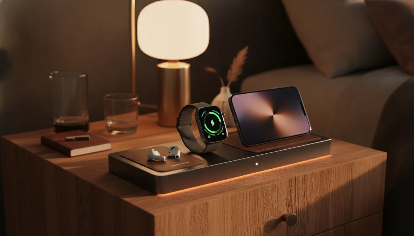 Premium Apple Watch charging station on a wood nightstand with warm ambient lighting