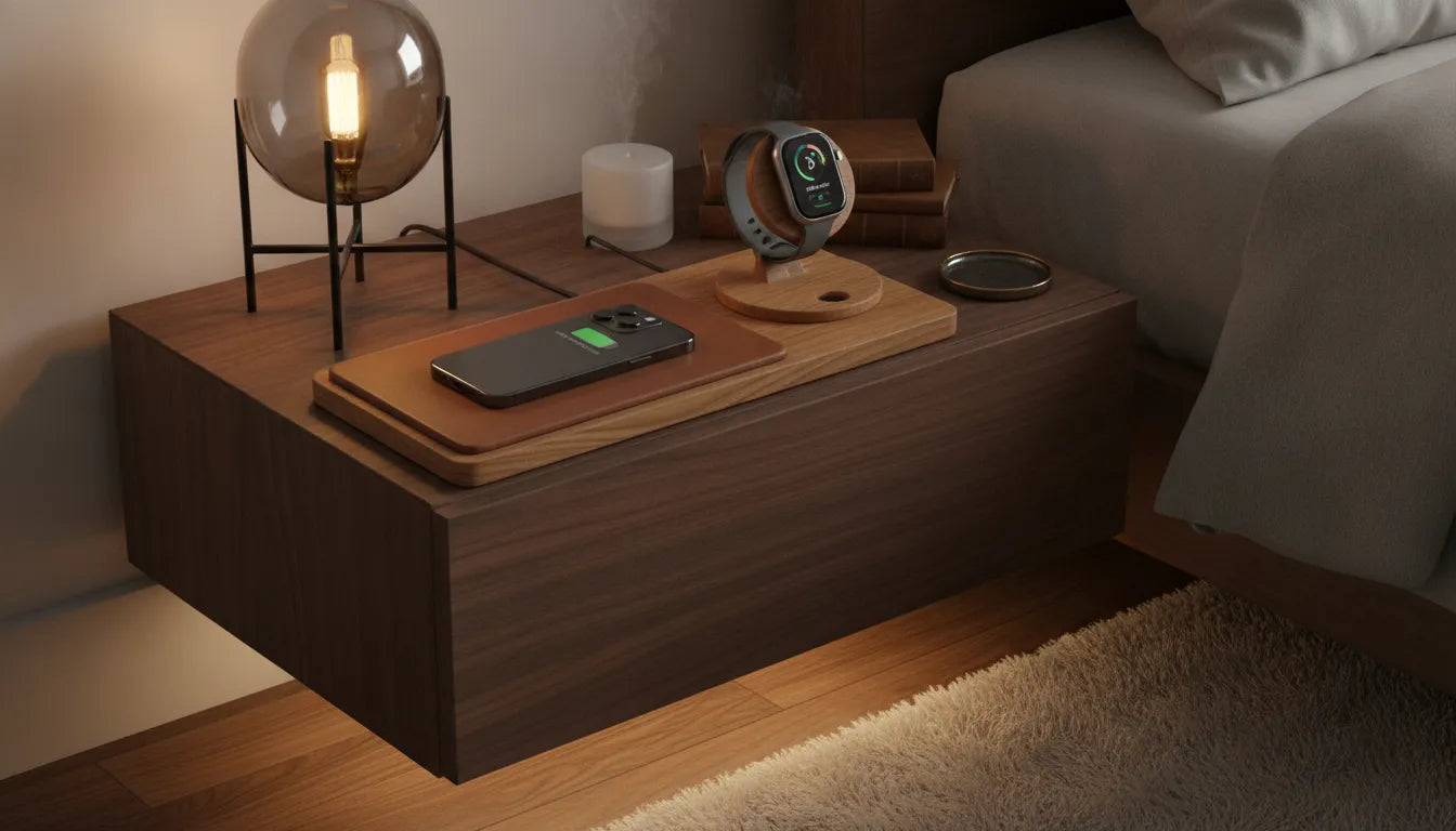 Premium wooden wireless charging station on a bedroom nightstand with iPhone and Apple Watch charging