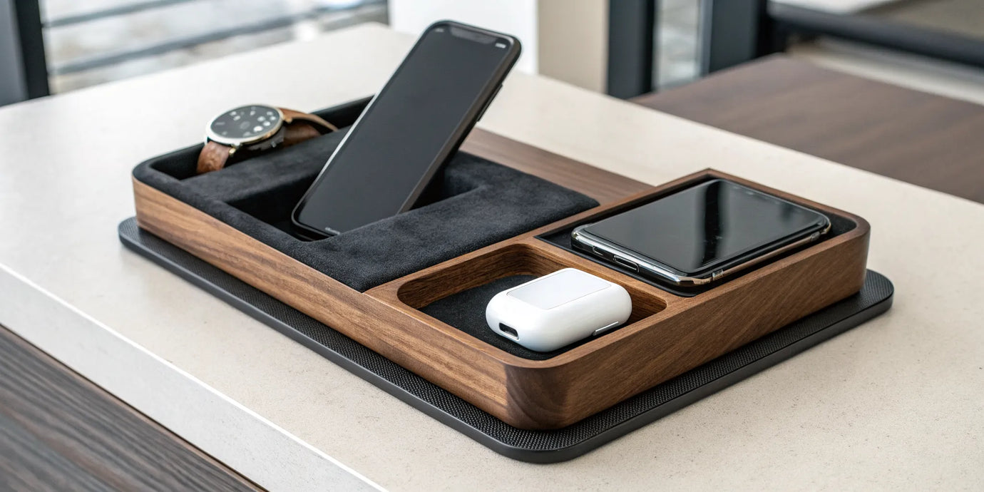 Luxury wood charging station wirelessly powering a phone, watch, and earbuds.