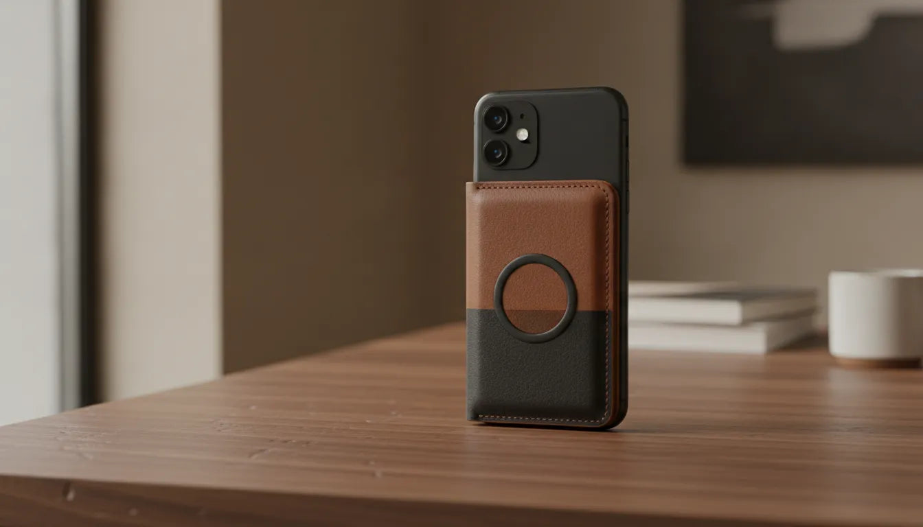 Handcrafted full-grain leather MagSafe wallet attached to the back of an iPhone resting on a walnut desk