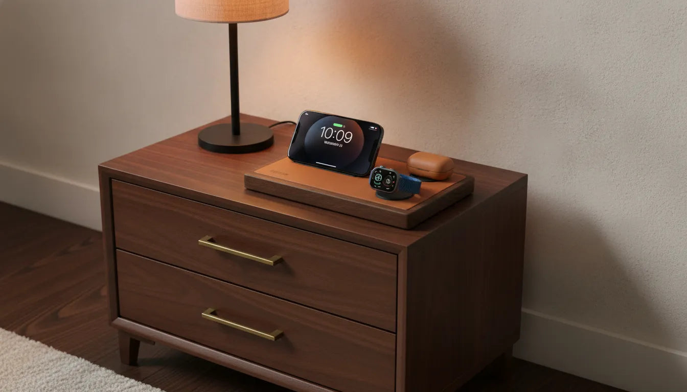 Premium wood and leather MagSafe wireless charging station on a nightstand with iPhone, Apple Watch, and AirPods
