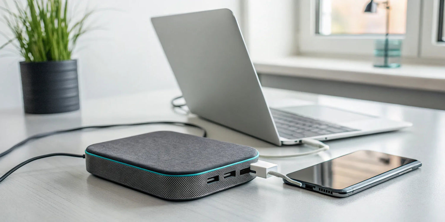 A portable charging station charging a laptop and a smartphone on a desk.