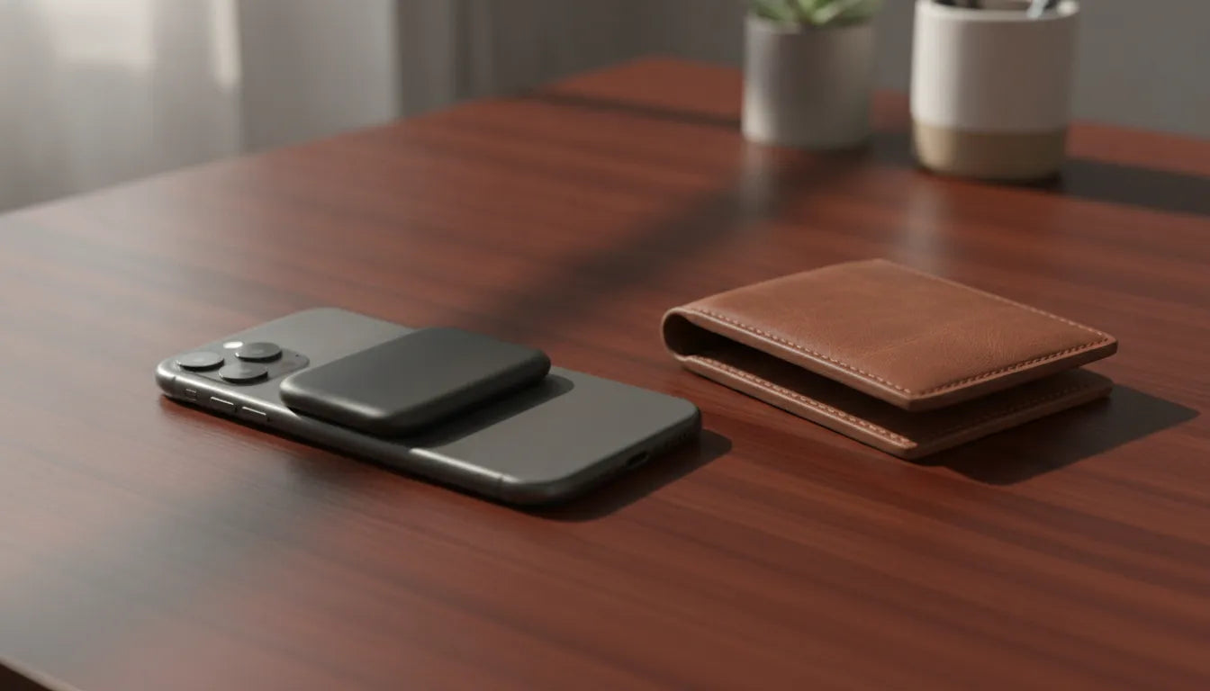Slim MagSafe power bank attached to iPhone on a dark wood desk beside a leather wallet