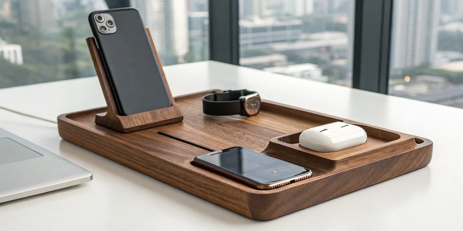 Wood wireless charging station charging a phone, smartwatch, and earbuds.
