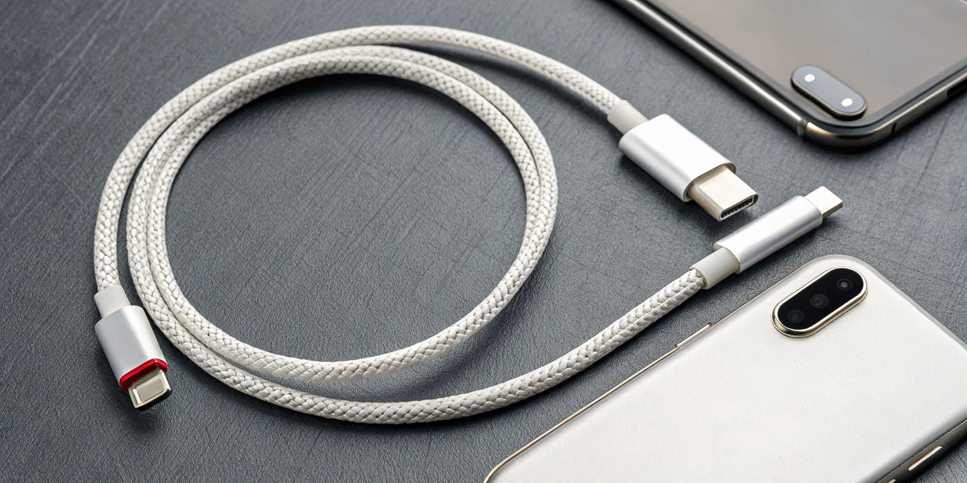A braided USB-C to Lightning cable connected to an iPhone.