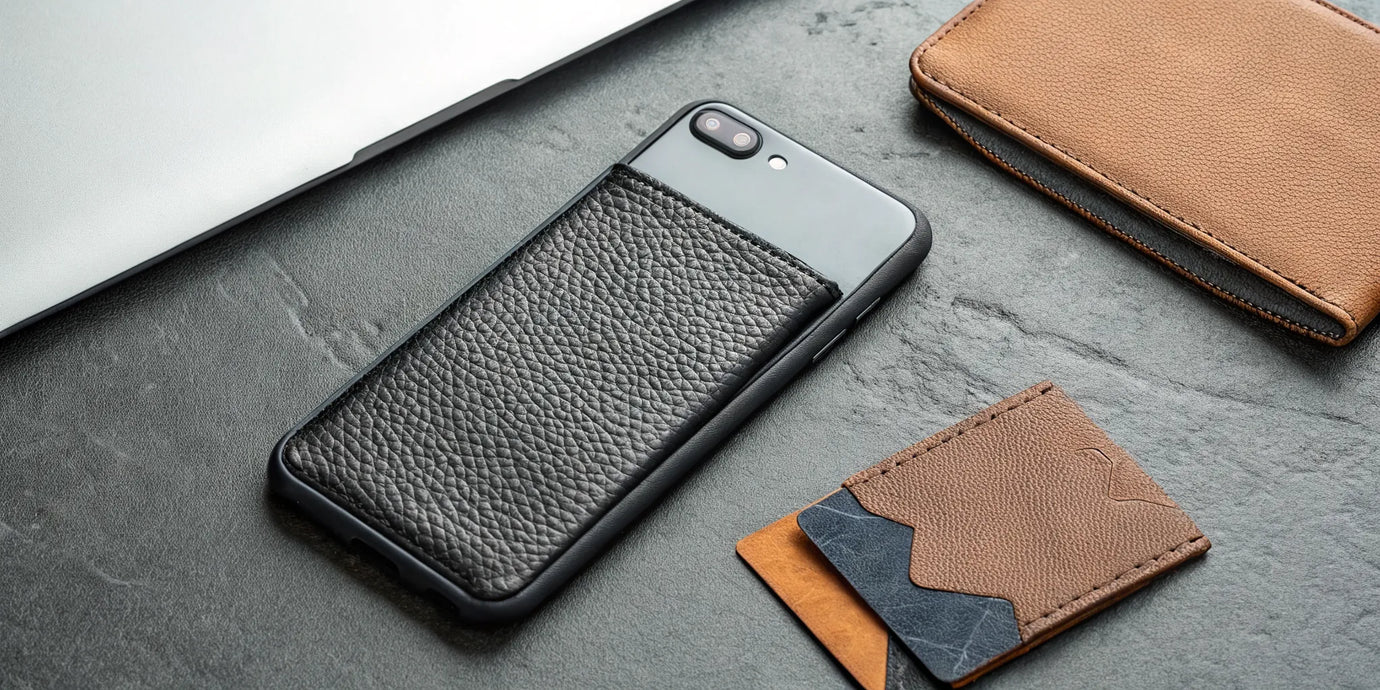 An RFID blocking MagSafe wallet with a leather finish attached to a phone.
