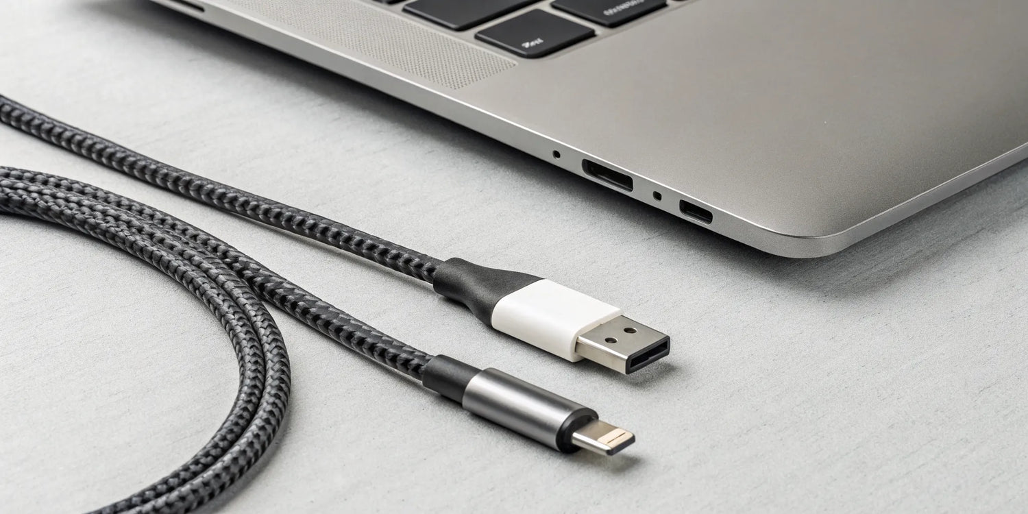 A braided USB C to USB C cable positioned next to a laptop's USB-C port.