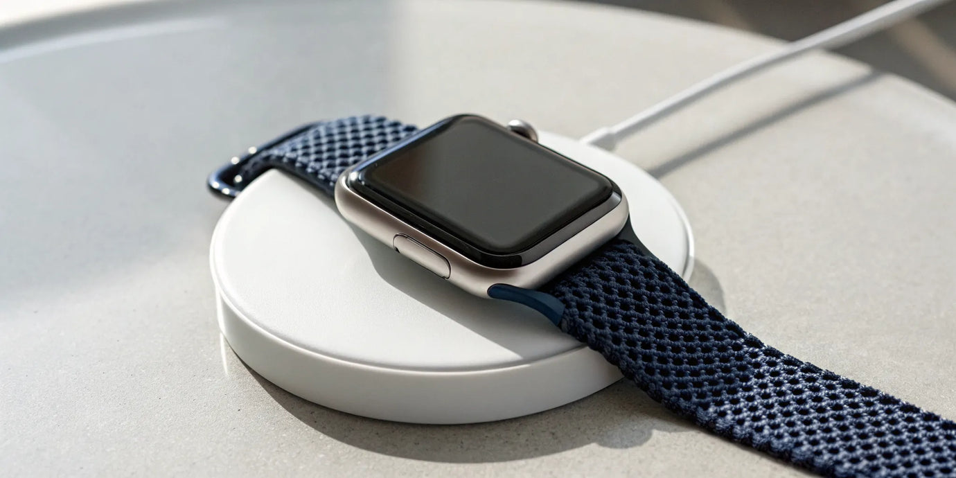 An Apple Watch connected to its white magnetic charger.