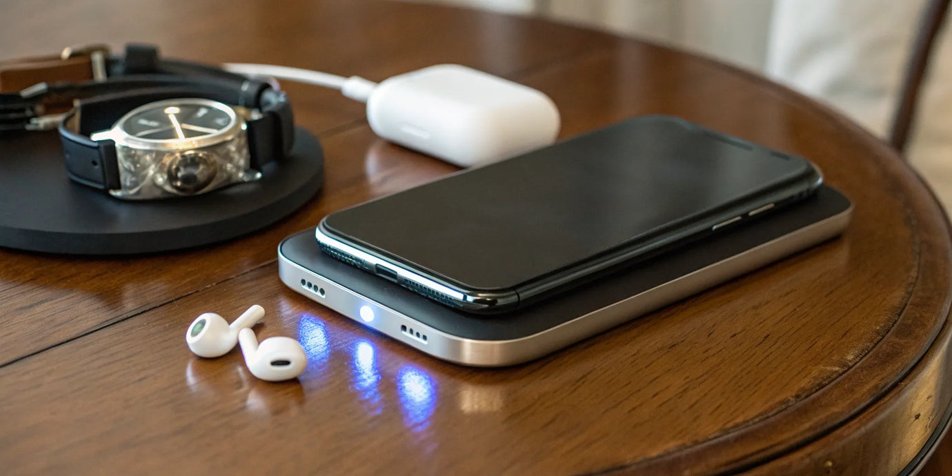 Magnetic wireless power bank charging a smartphone.