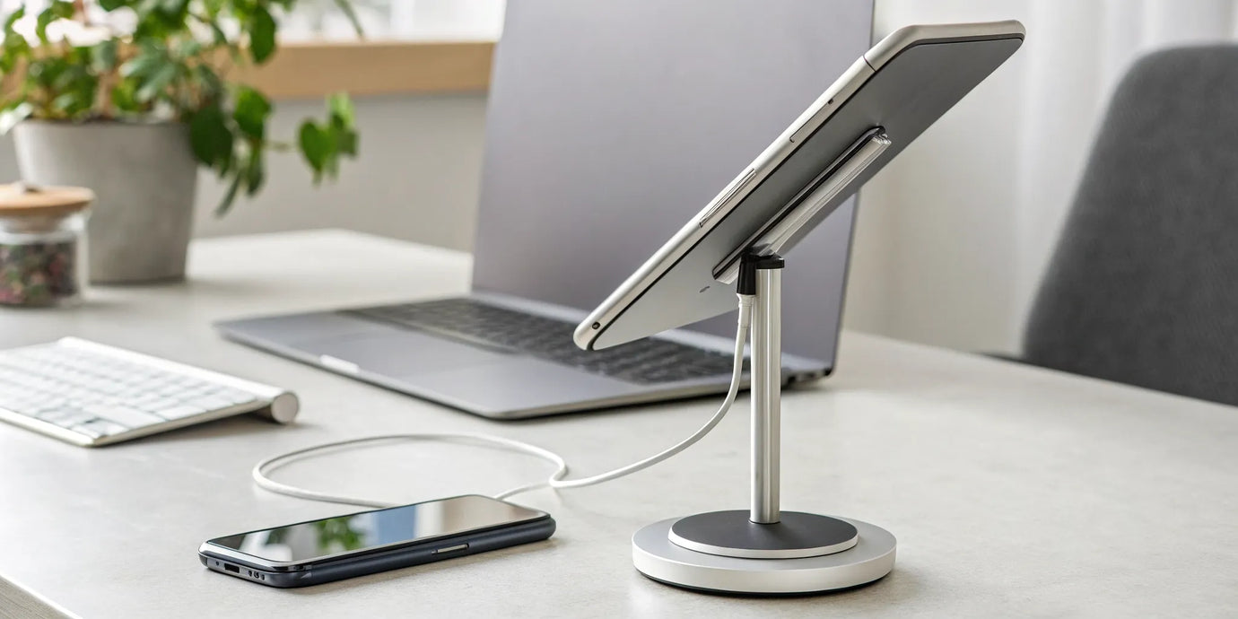 A sleek Qi2 charging stand magnetically holding and charging a smartphone.