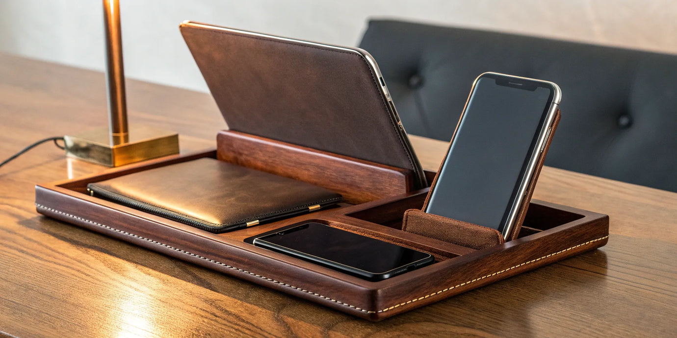 A wood and leather wireless charging station for a phone and tablet on a desk.