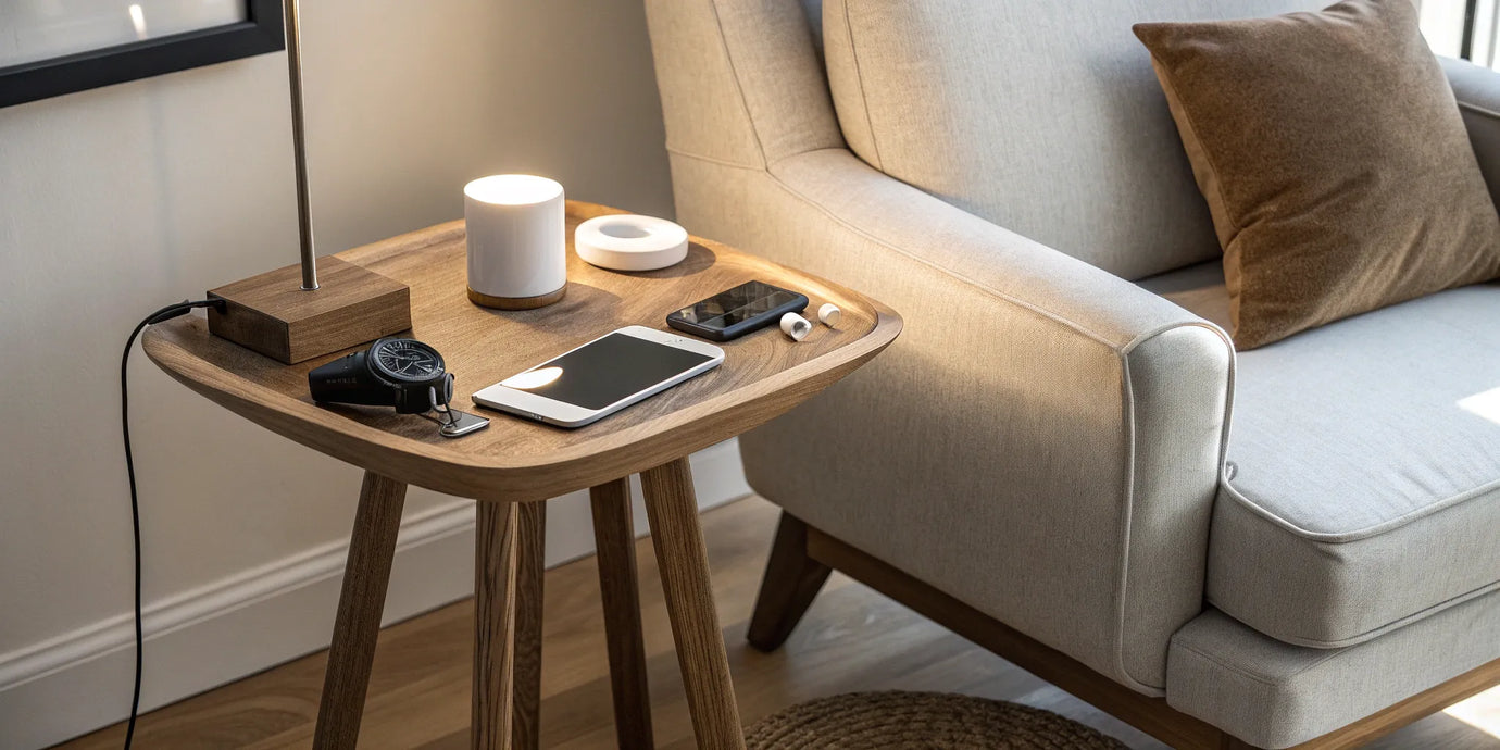 Home charging station with neatly organized devices on a wooden side table.
