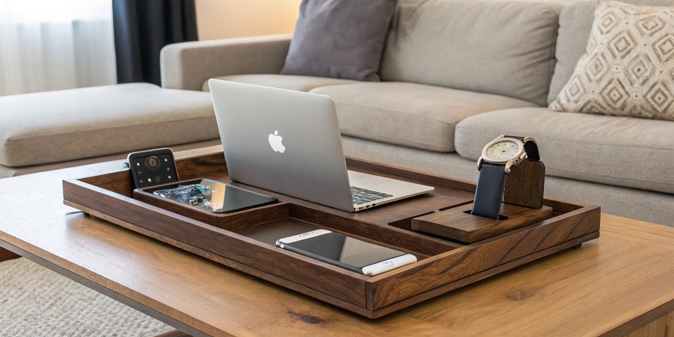Family charging station for all Apple devices, charging a laptop, phone, and watch.