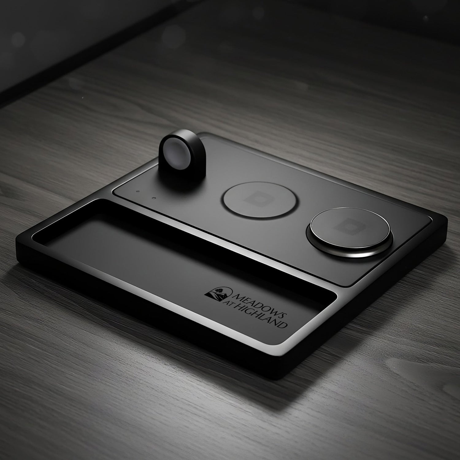 Premium wood wireless charging station on a modern desk with iPhone and leather wallet