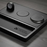 Premium wooden wireless charging station with iPhone on a modern nightstand