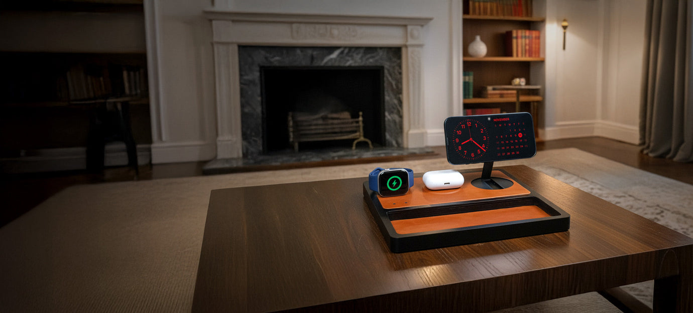 An Apple certified 3-in-1 charger simultaneously charging an iPhone, Apple Watch, and AirPods on a nightstand.