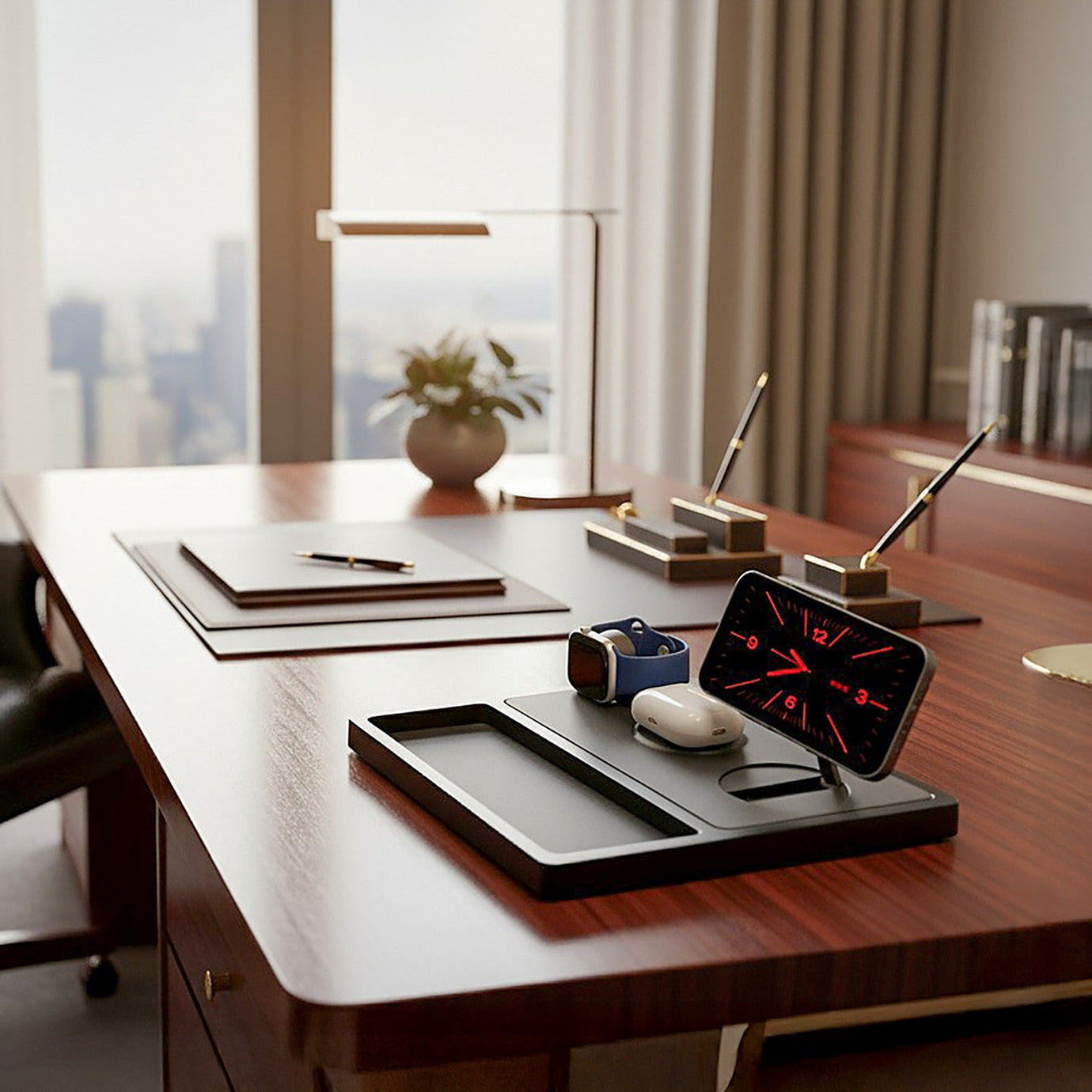Home charging station with neatly organized devices on a wooden side table.