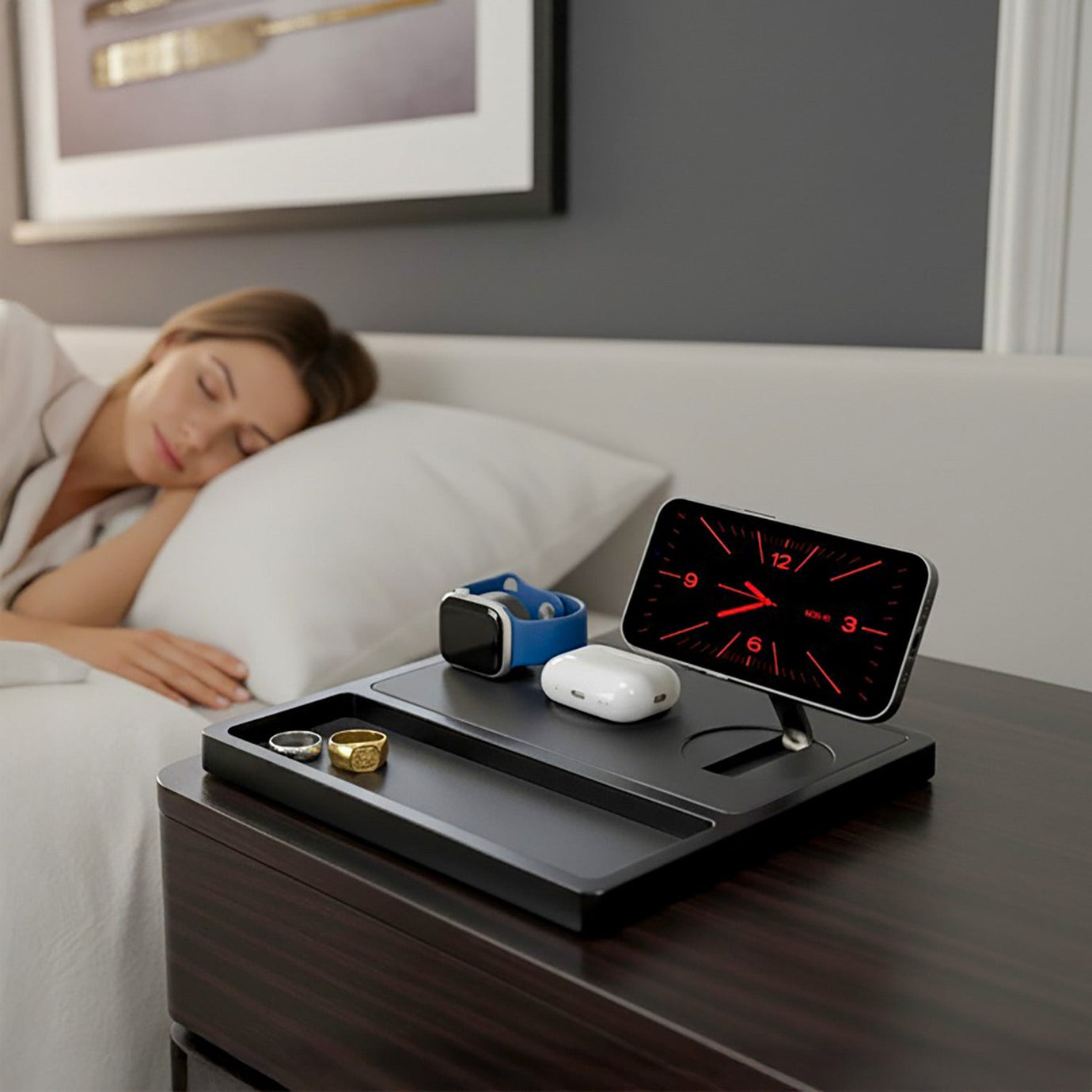 Multi-device charging station keeps a desk tidy.