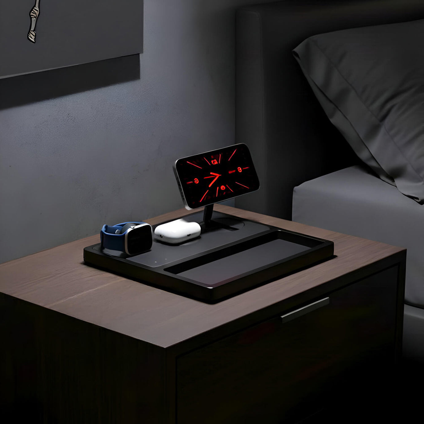 A wooden multi-device Apple charger for an iPhone, Apple Watch, and AirPods, a smart order for Apple users.