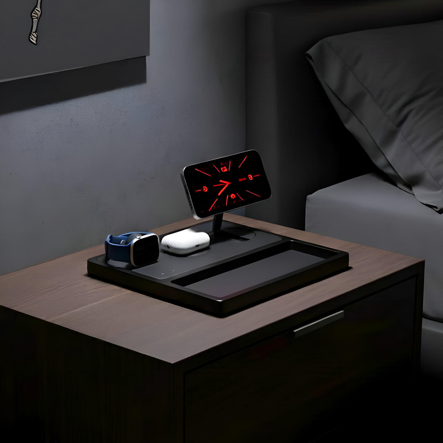 A wooden multi-device Apple charger for an iPhone, Apple Watch, and AirPods, a smart order for Apple users.