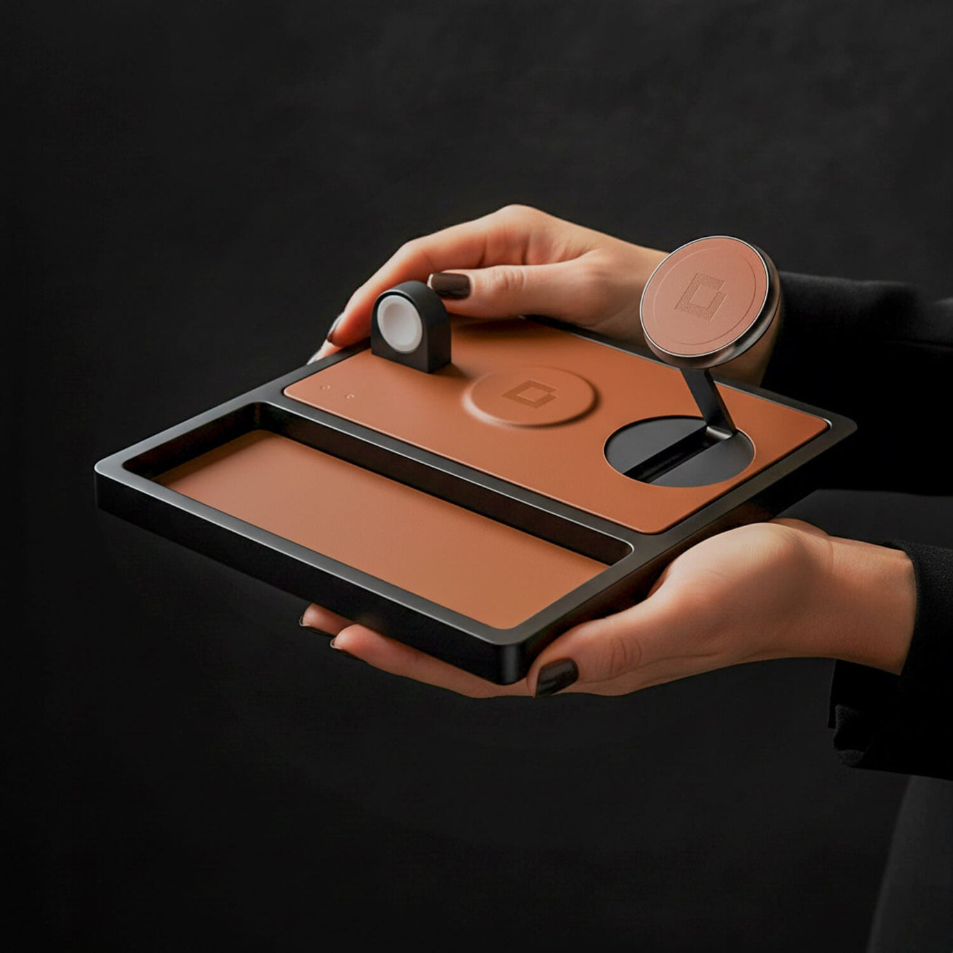 Review of a 3-in-1 MagSafe charger stand charging an iPhone, Apple Watch, and AirPods.