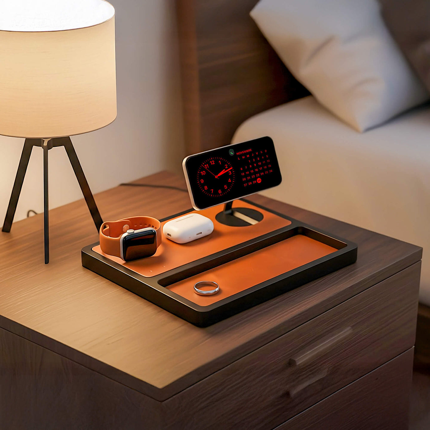 Sleek leather wireless charging pad powers a smartphone.