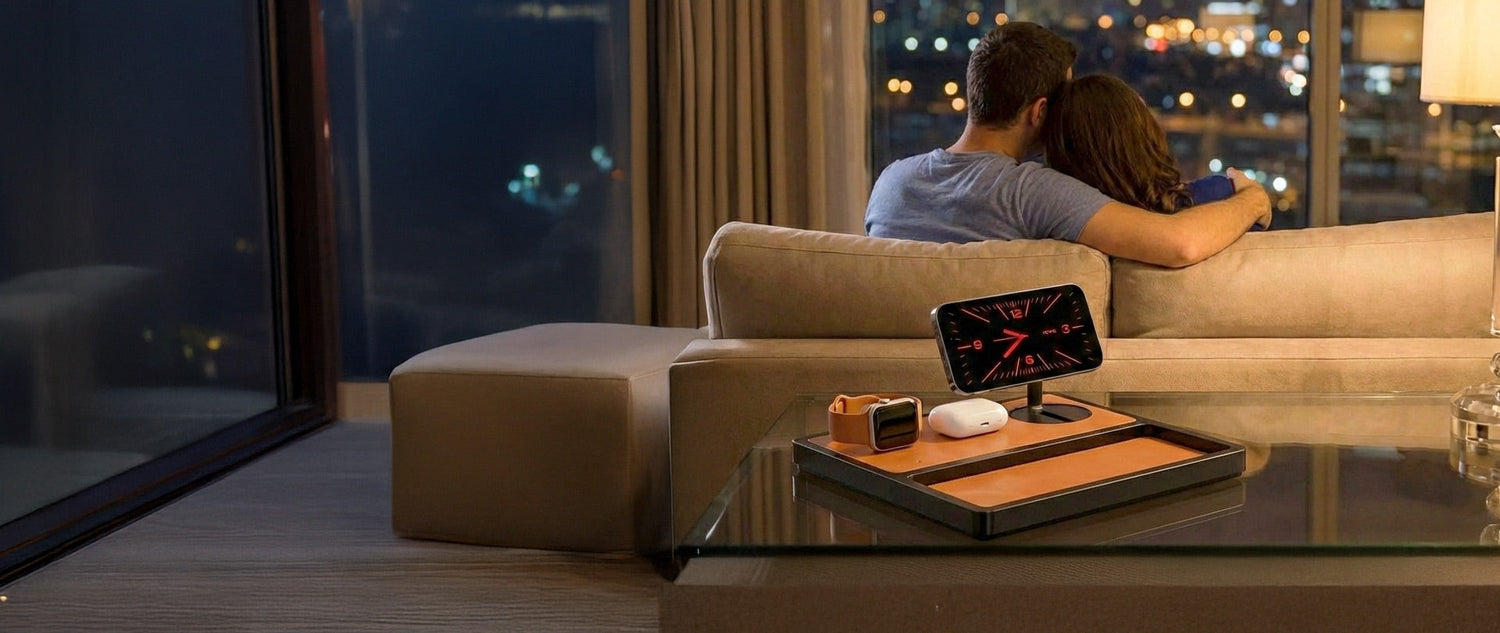 Sleek luxury wireless charger for a modern home charging a smartphone on a wooden desk.