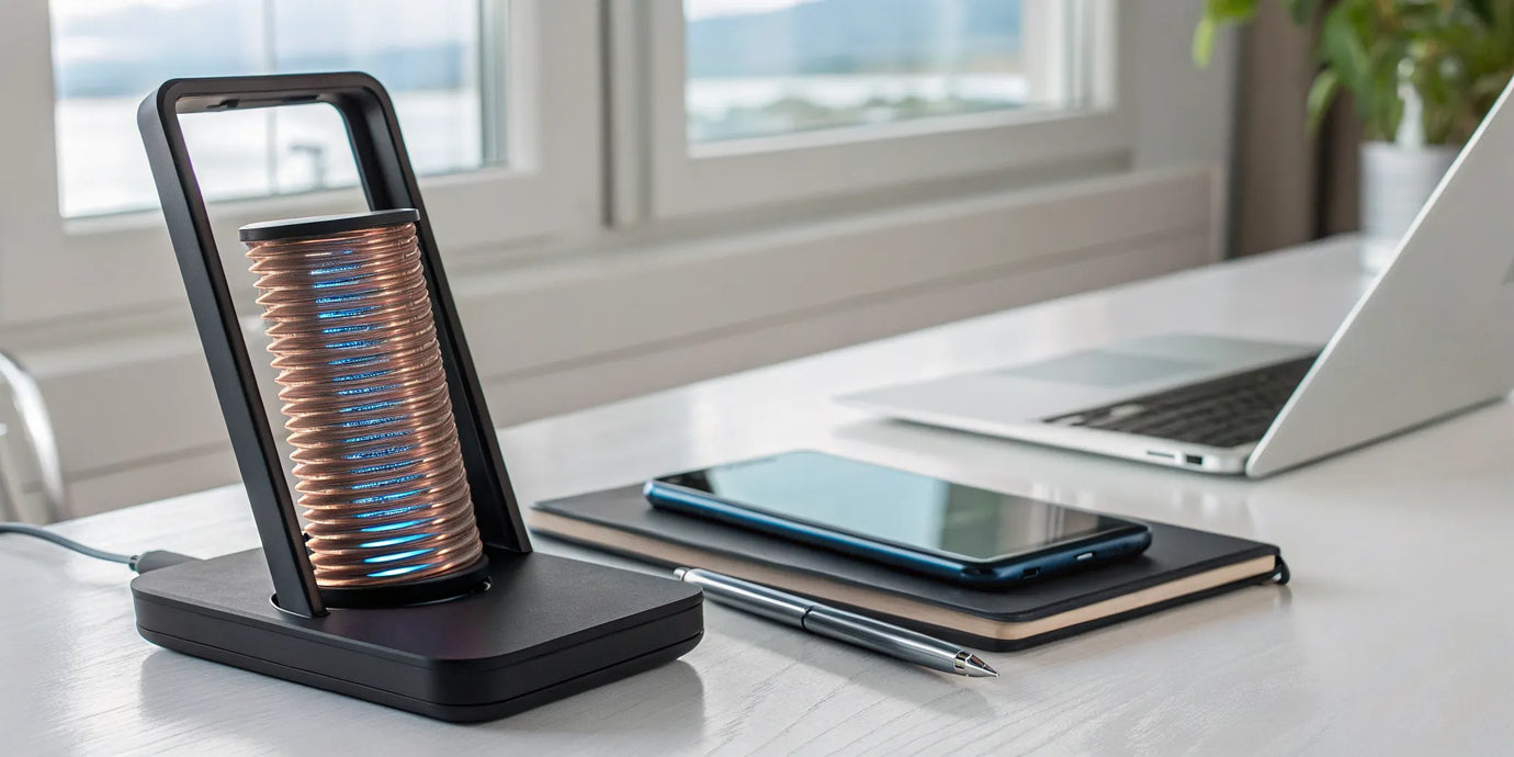 Dual coil wireless charger charging a smartphone on a desk.