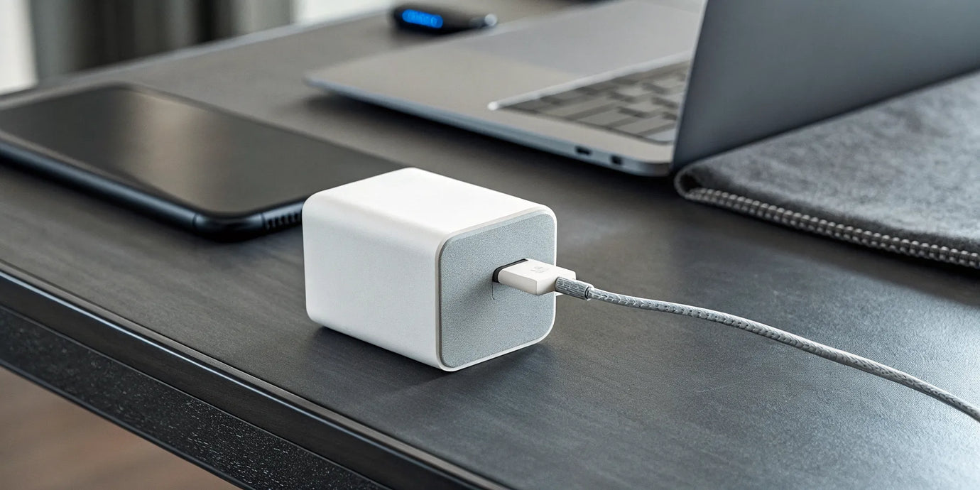 A compact GaN power adapter for fast, efficient charging of a laptop and phone.