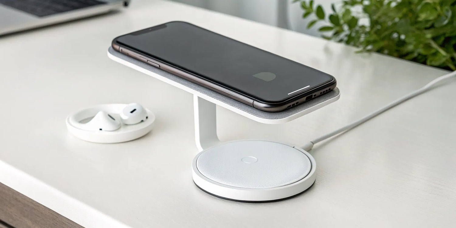 A Qi2 charging station powering a smartphone and wireless earbuds.
