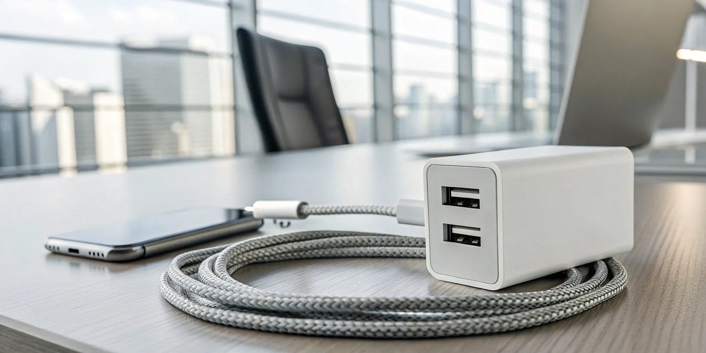 A USB-A port charger connected to a smartphone on a desk.