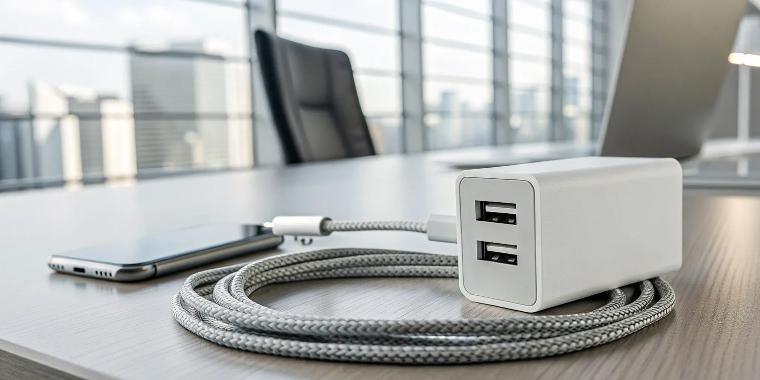 A USB-A port charger connected to a smartphone on a desk.