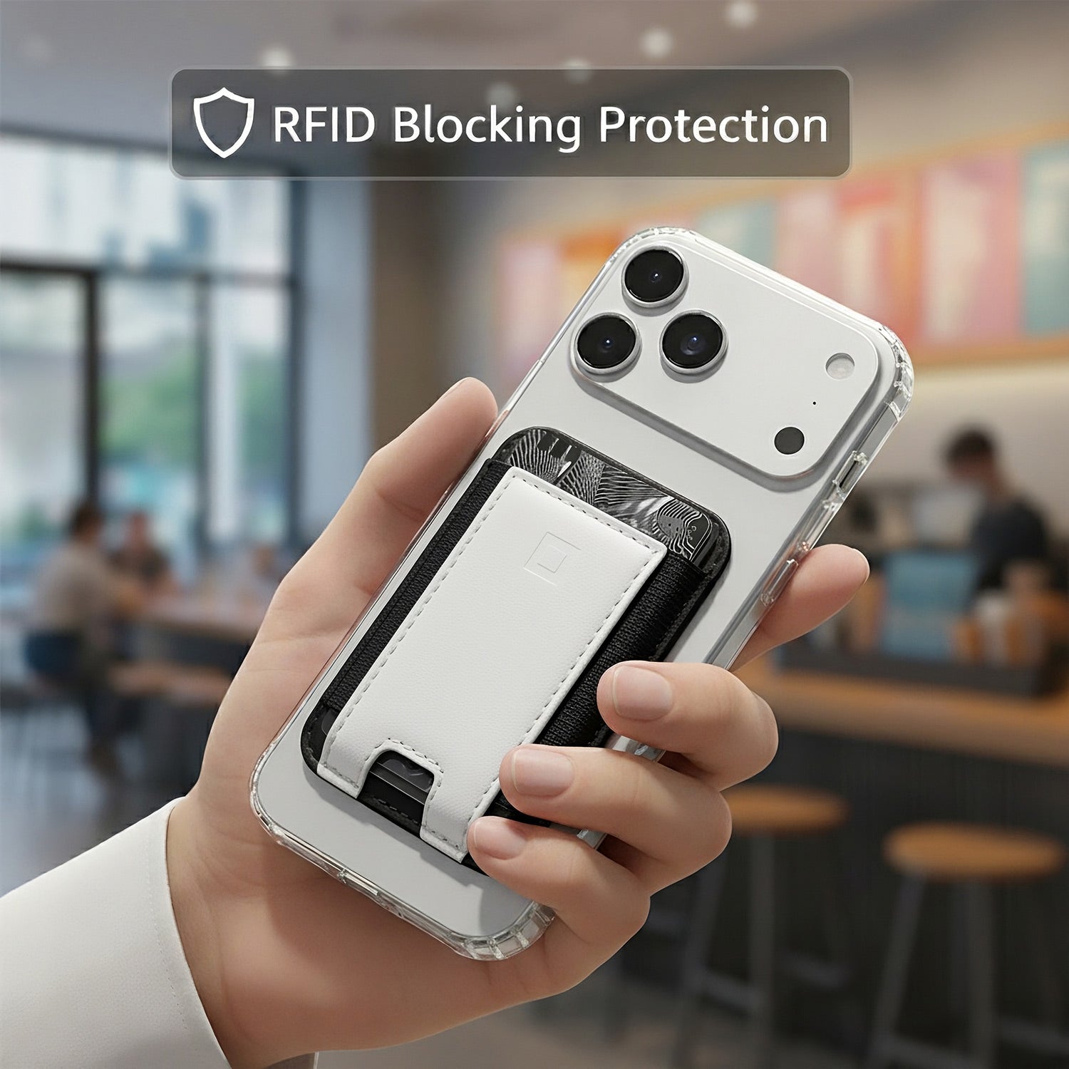 A slim magnetic card holder wallet attached to the back of an iPhone 14 Pro Max.