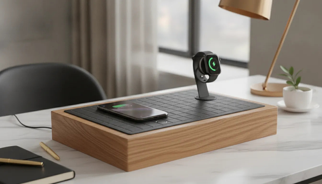 Premium handcrafted solid wood charging station with leather top charging Apple devices on a minimalist desk