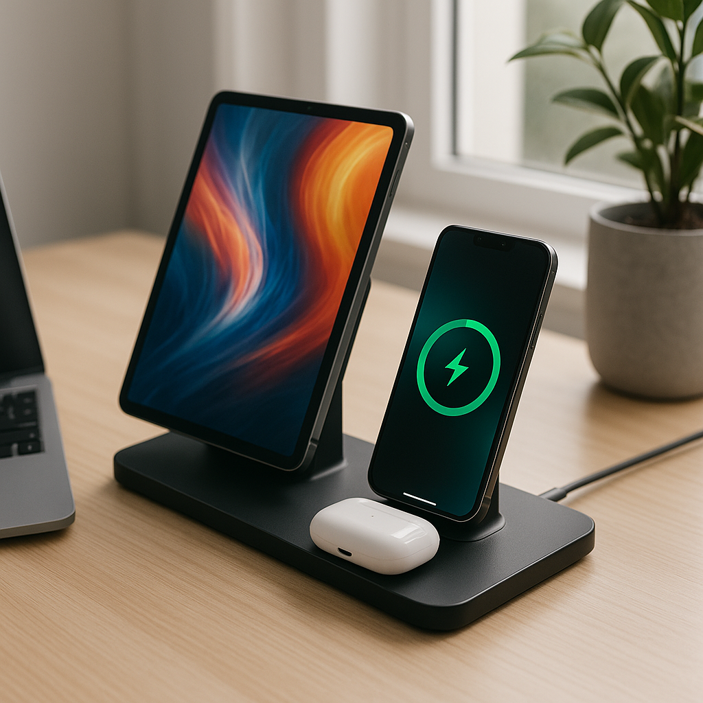Tablet, smartphone, and earbuds charging wirelessly on a modern charging station.