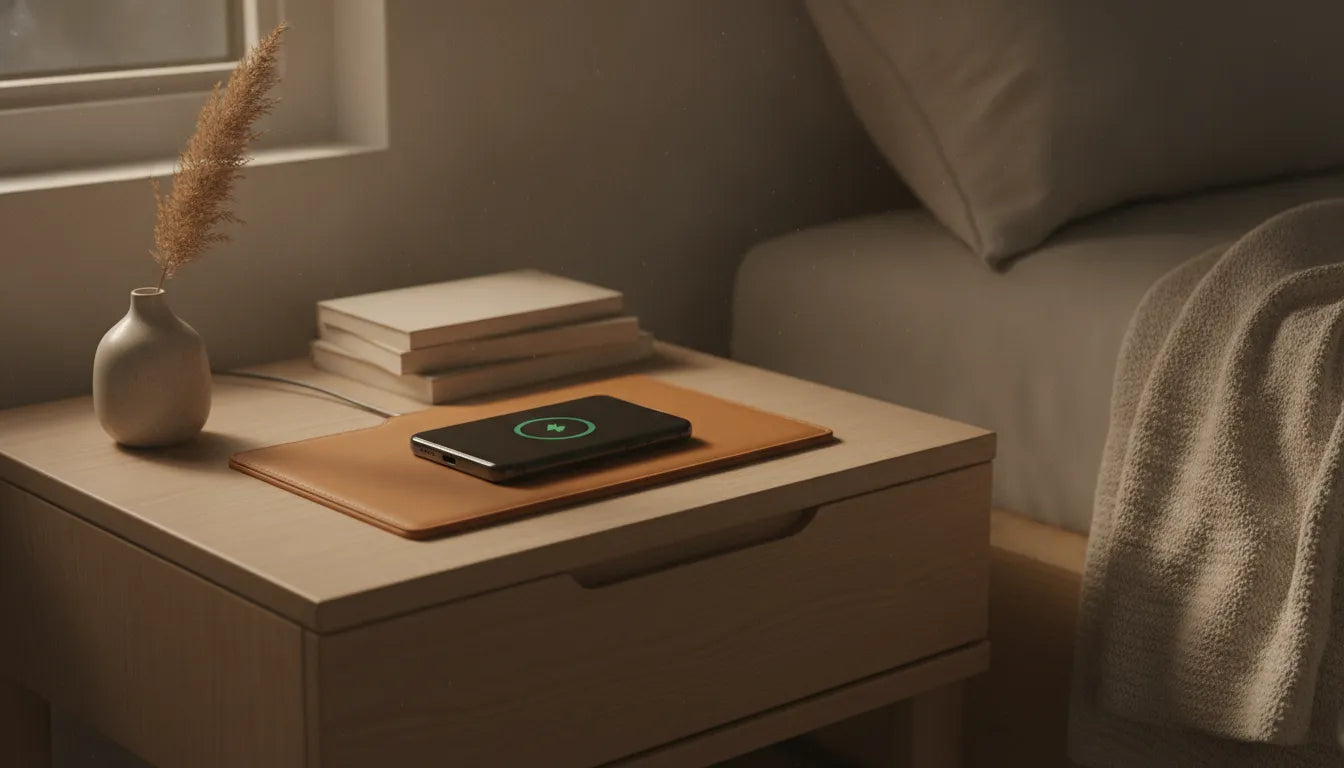 Premium wireless charging station on a wooden nightstand with warm ambient light