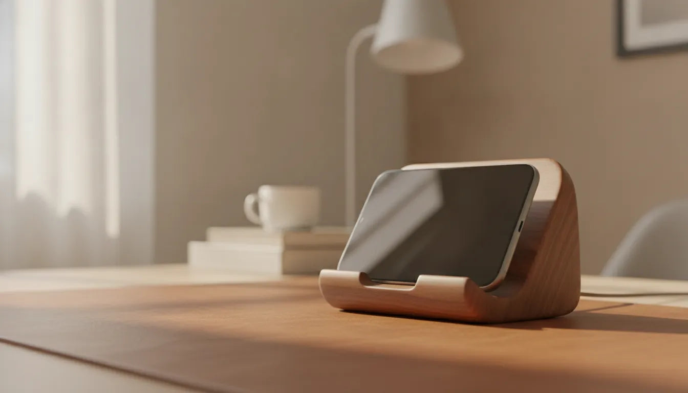 NYTSTND walnut wood wireless charging station with iPhone on a warm leather desk in natural light
