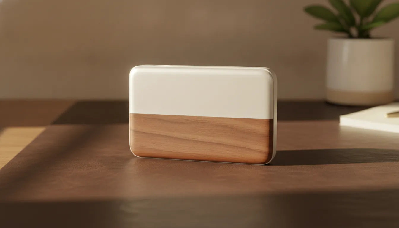 Premium MagSafe 10000mAh wireless power bank resting on a leather surface in soft natural light