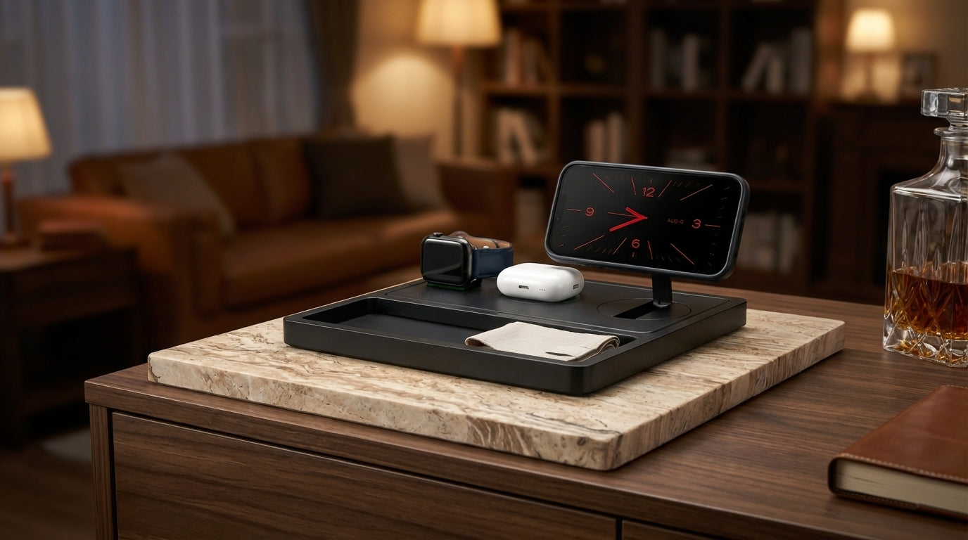 Two wood MagSafe iPhone stands in walnut and oak, one charging an iPhone.