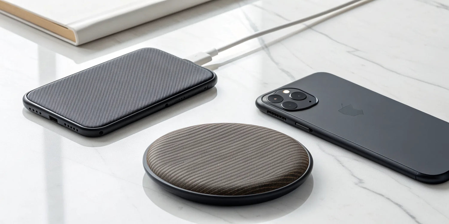 A collection of the most stylish wireless chargers organized on a modern desktop.